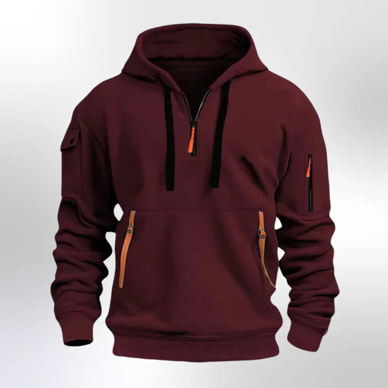 New Men's Zippered Multi-Pocket Hooded Sweatshirt