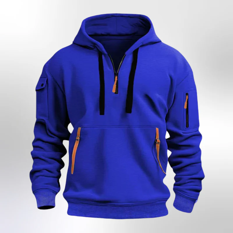 New Men's Zippered Multi-Pocket Hooded Sweatshirt