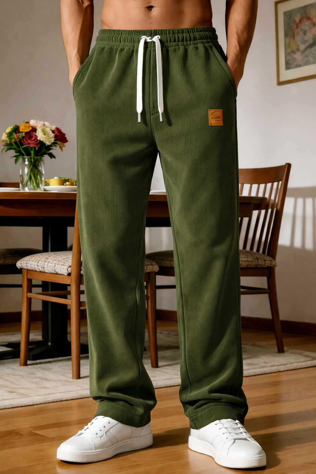 New men's corduroy drawstring regular fit trousers