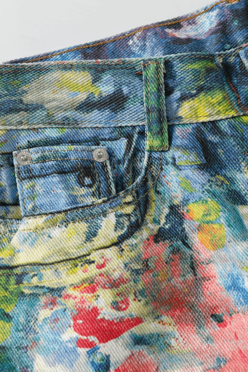 Unisex Colorblock Denim - Oil Painting Effect Relaxed Fit Pants