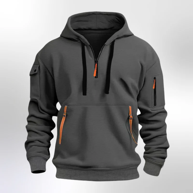 New Men's Zippered Multi-Pocket Hooded Sweatshirt