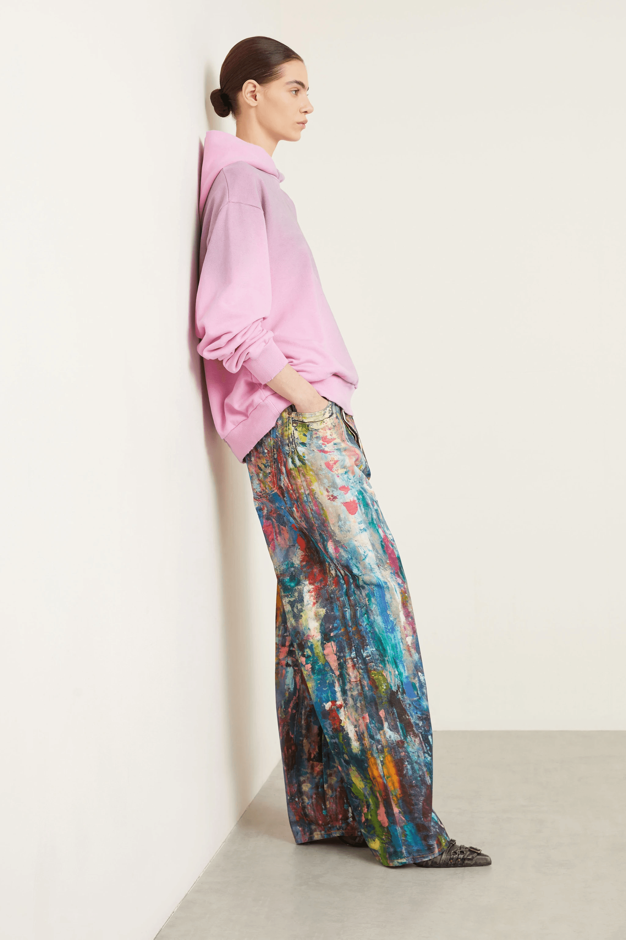 Unisex Colorblock Denim - Oil Painting Effect Relaxed Fit Pants