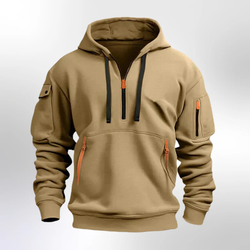 New Men's Zippered Multi-Pocket Hooded Sweatshirt