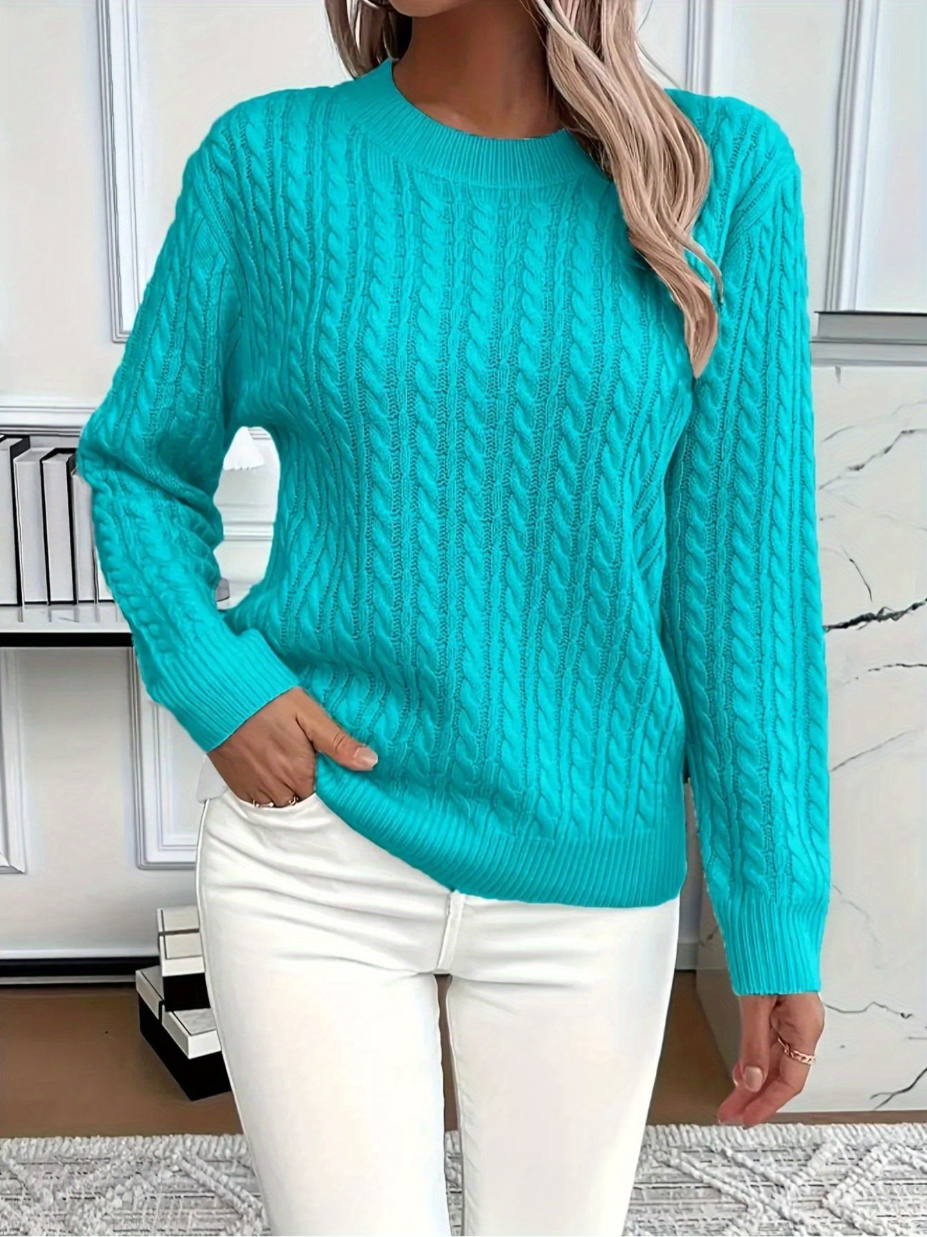 New women's versatile, stylish, classic cable knit crew neck sweater