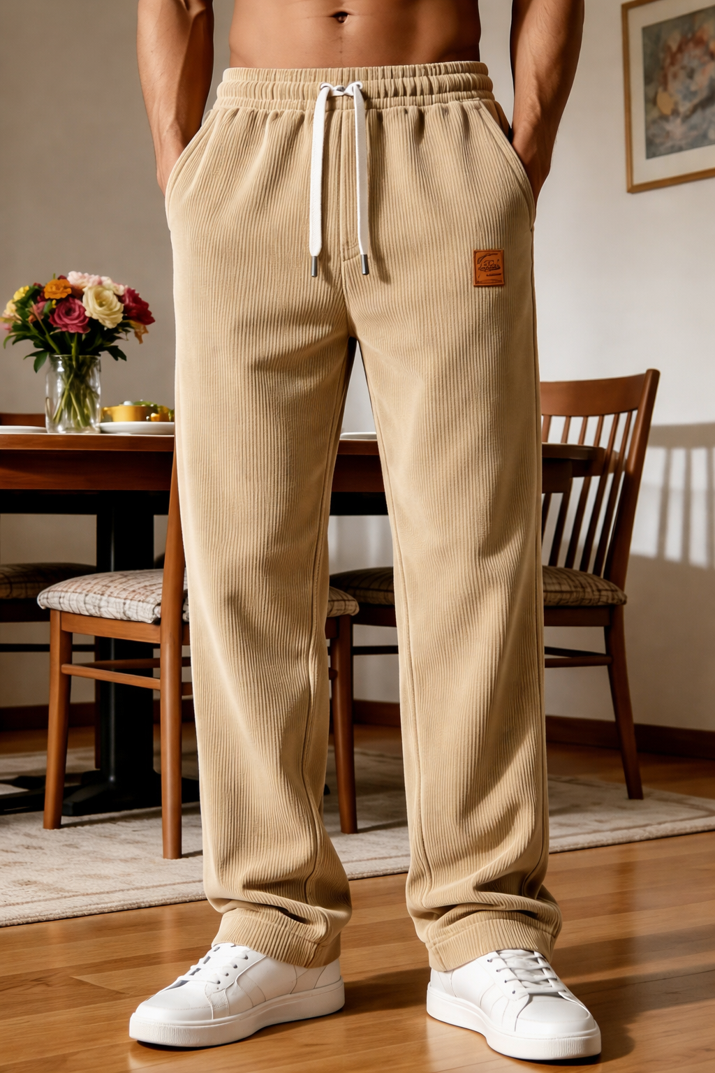 New men's corduroy drawstring regular fit trousers