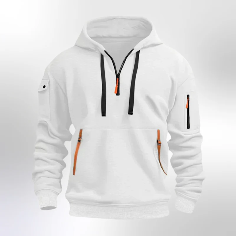 New Men's Zippered Multi-Pocket Hooded Sweatshirt