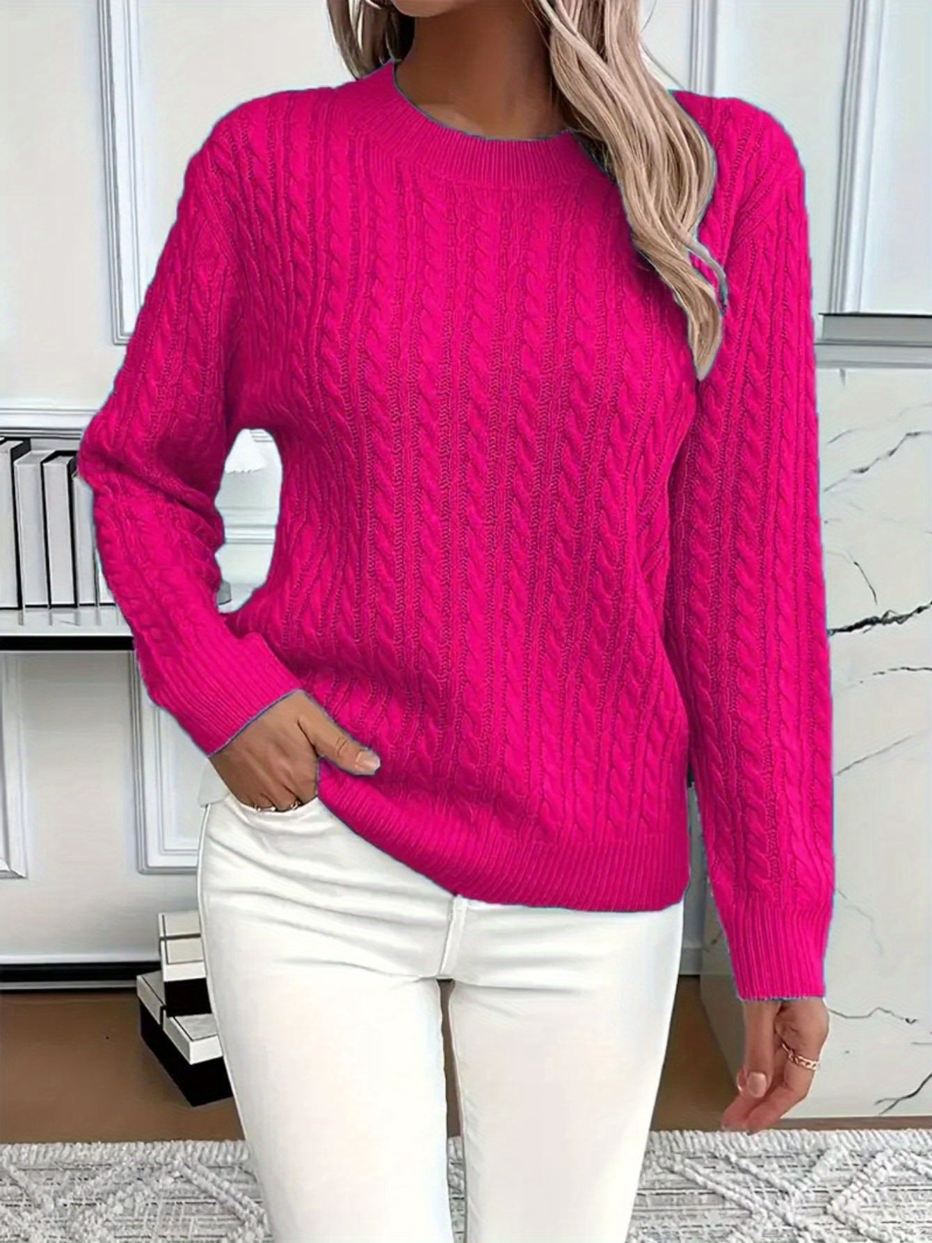 New women's versatile, stylish, classic cable knit crew neck sweater