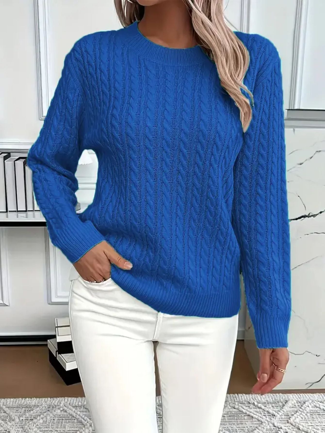 New women's versatile, stylish, classic cable knit crew neck sweater