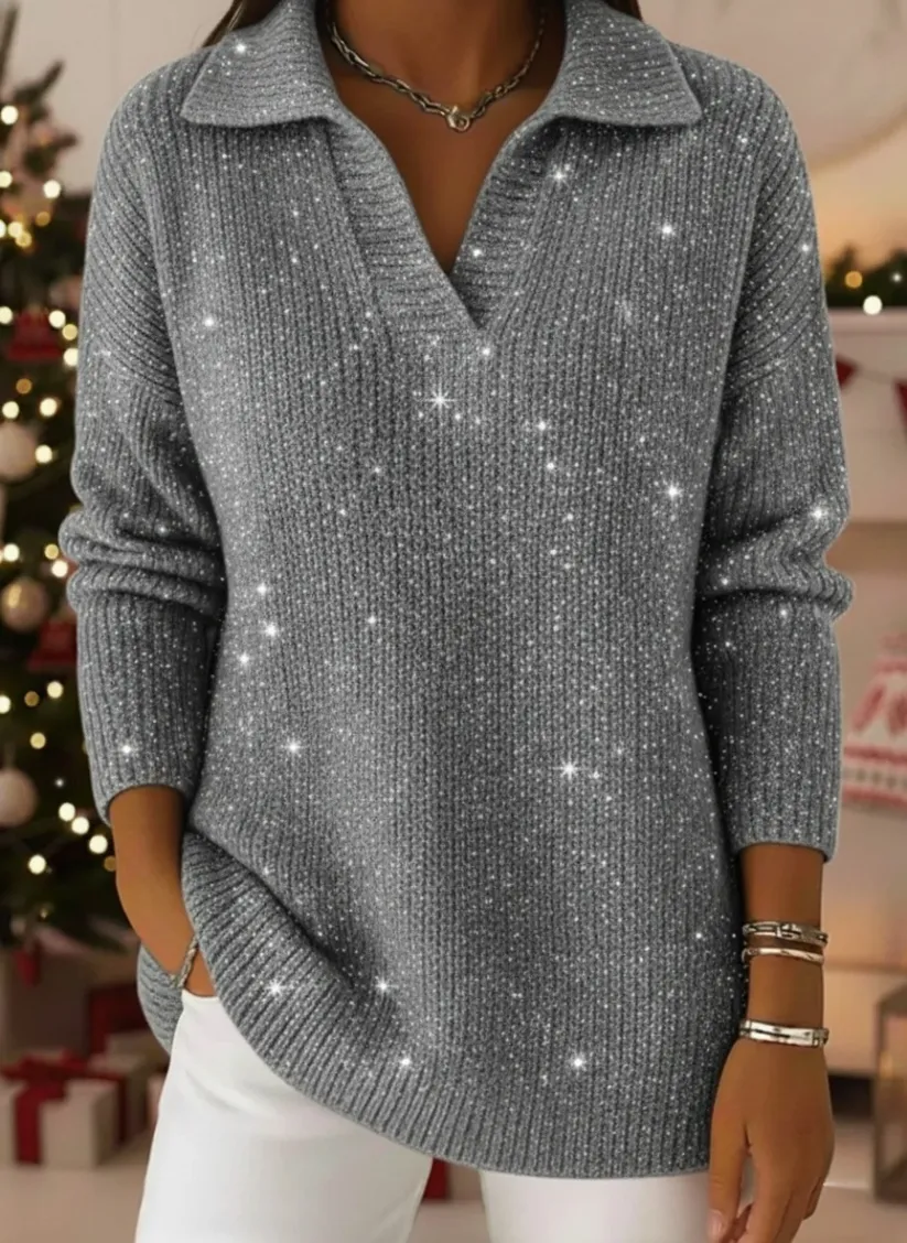 🎄 New Arrivals🔥Christmas Party Polo Collar Shiny Loose Sweater Top