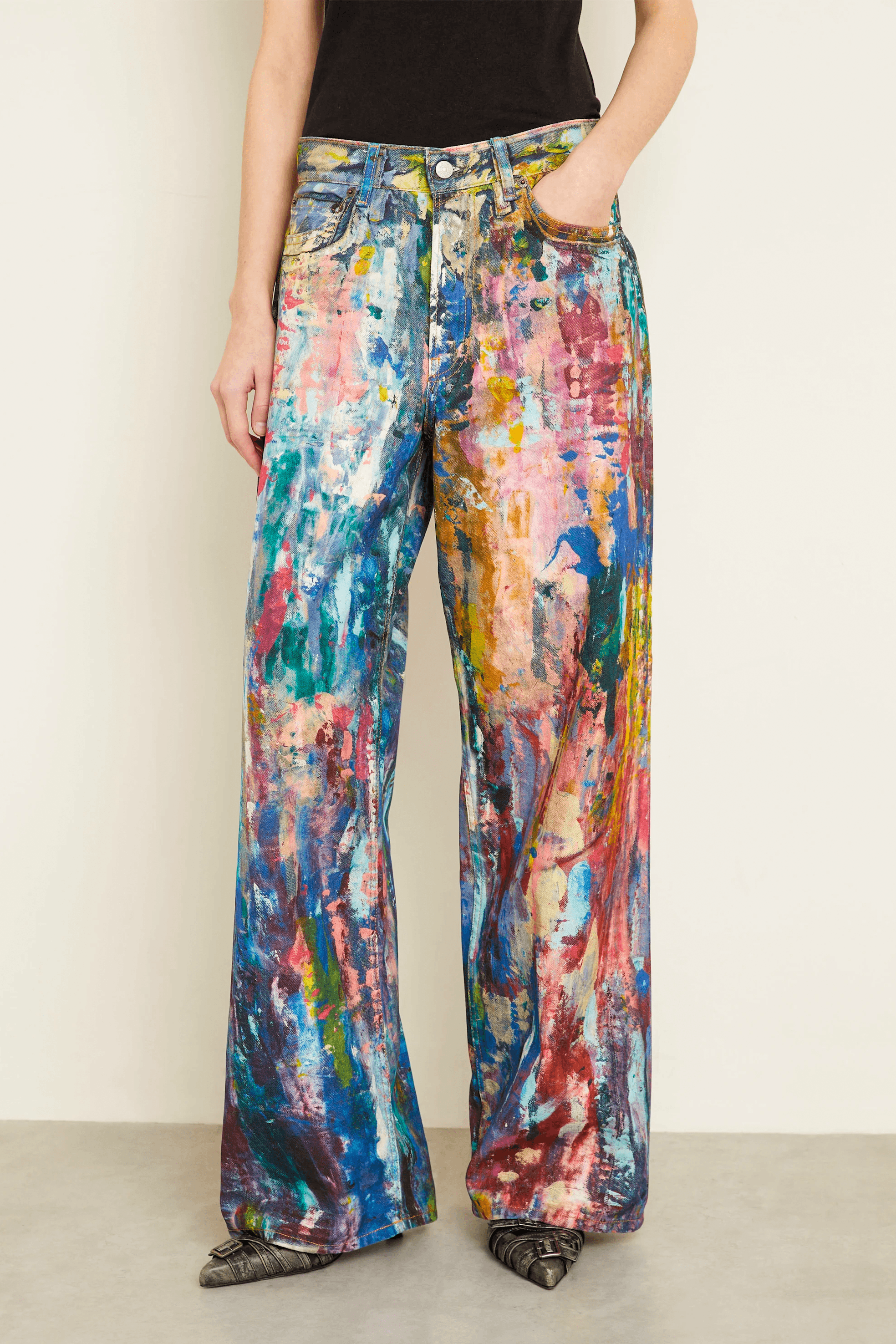 Unisex Colorblock Denim - Oil Painting Effect Relaxed Fit Pants
