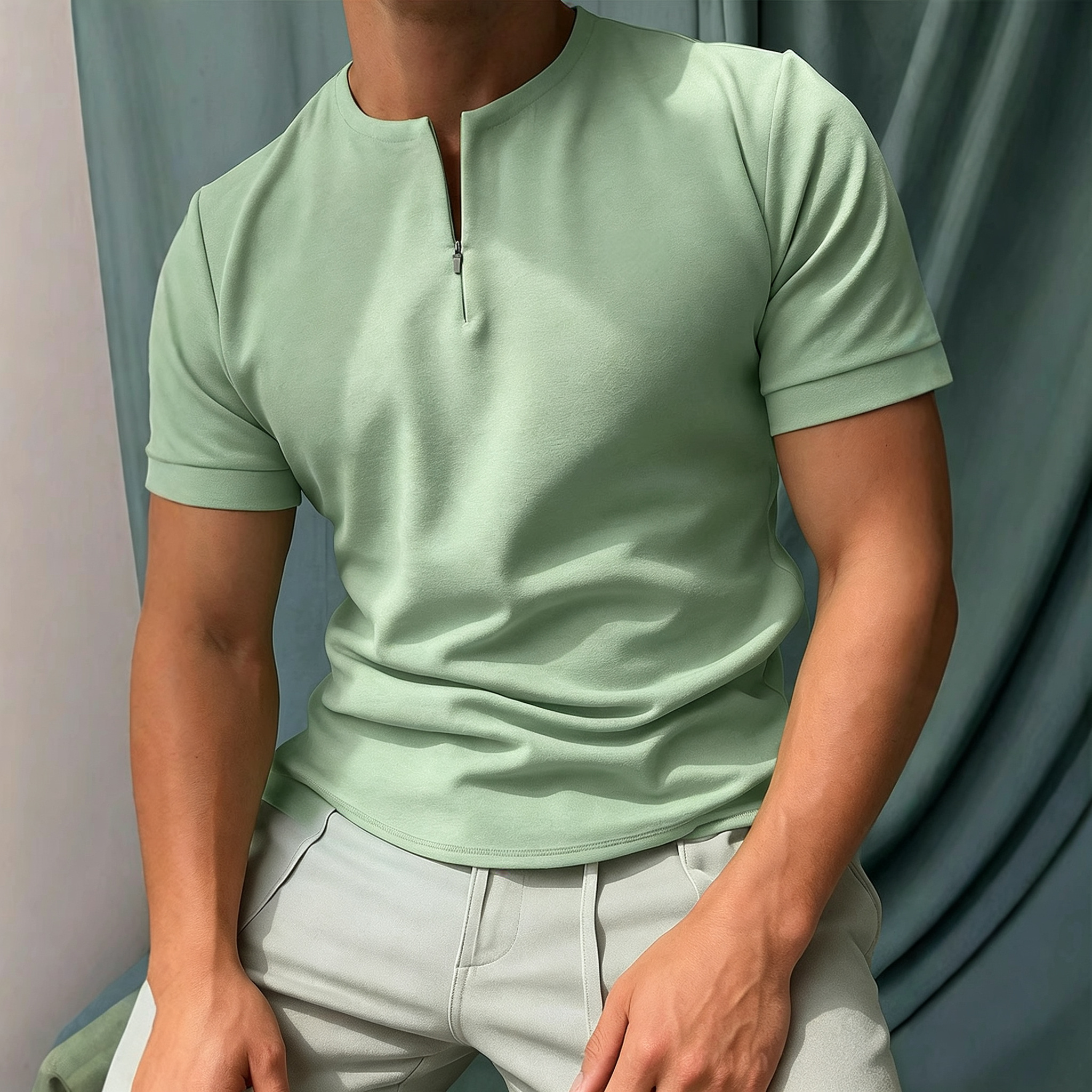 Men's Slim Fit Zip Henley T-Shirt - Short Sleeve Premium Knit Top for Mature Men