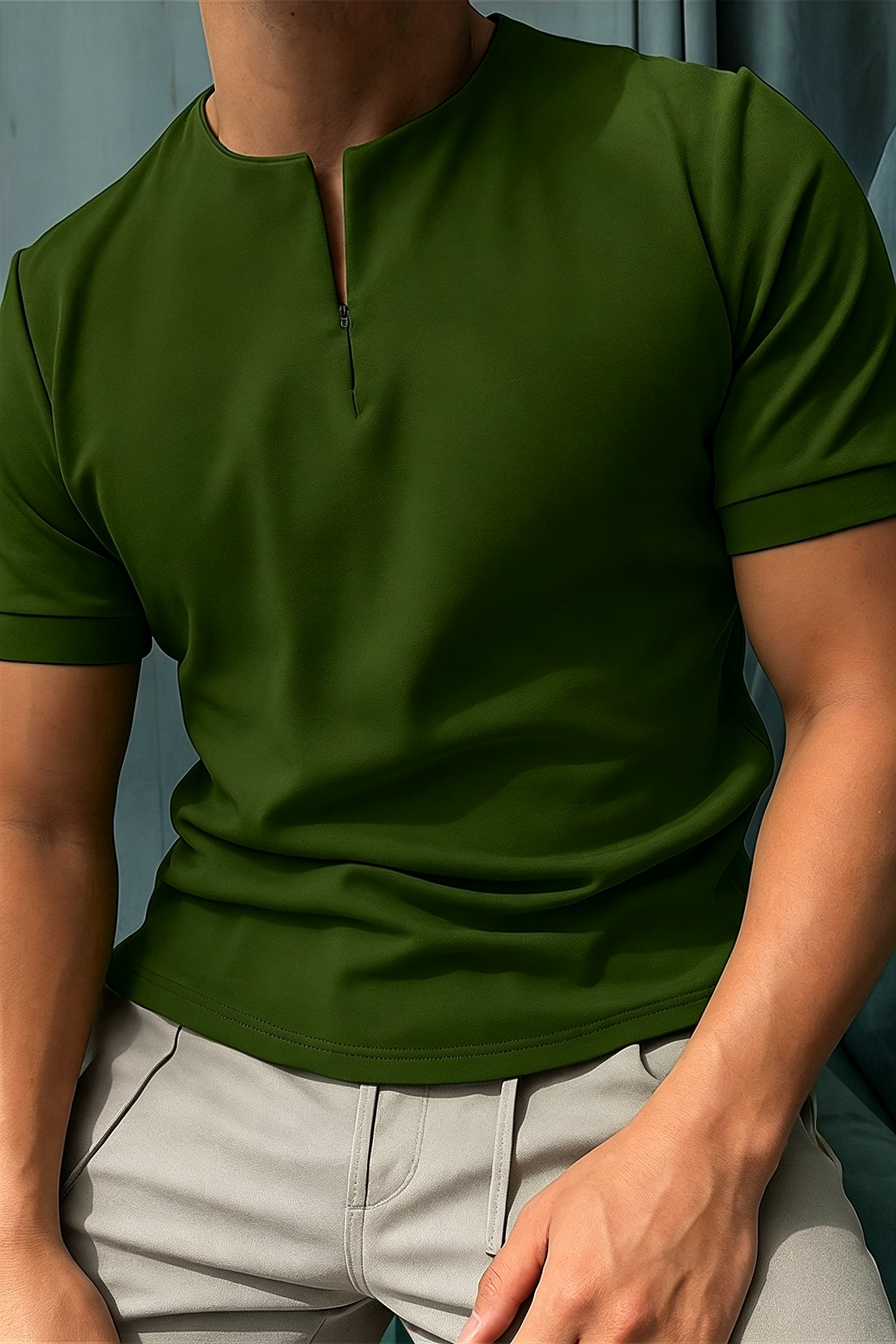 Men's Slim Fit Zip Henley T-Shirt - Short Sleeve Premium Knit Top for Mature Men