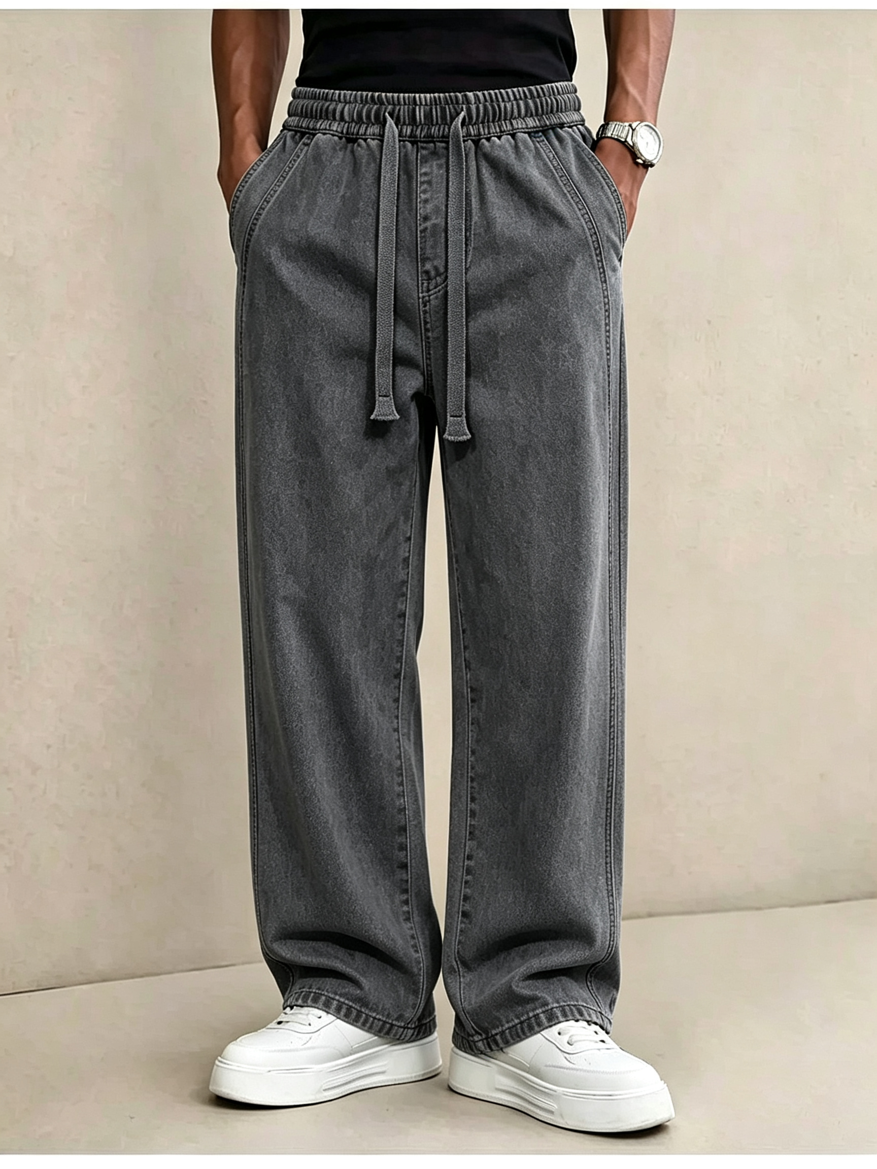 Men's Vintage Straight Leg Elastic Waist Jeans - Wrinkle-Free Pre-Washed Denim Pants for Mature Men