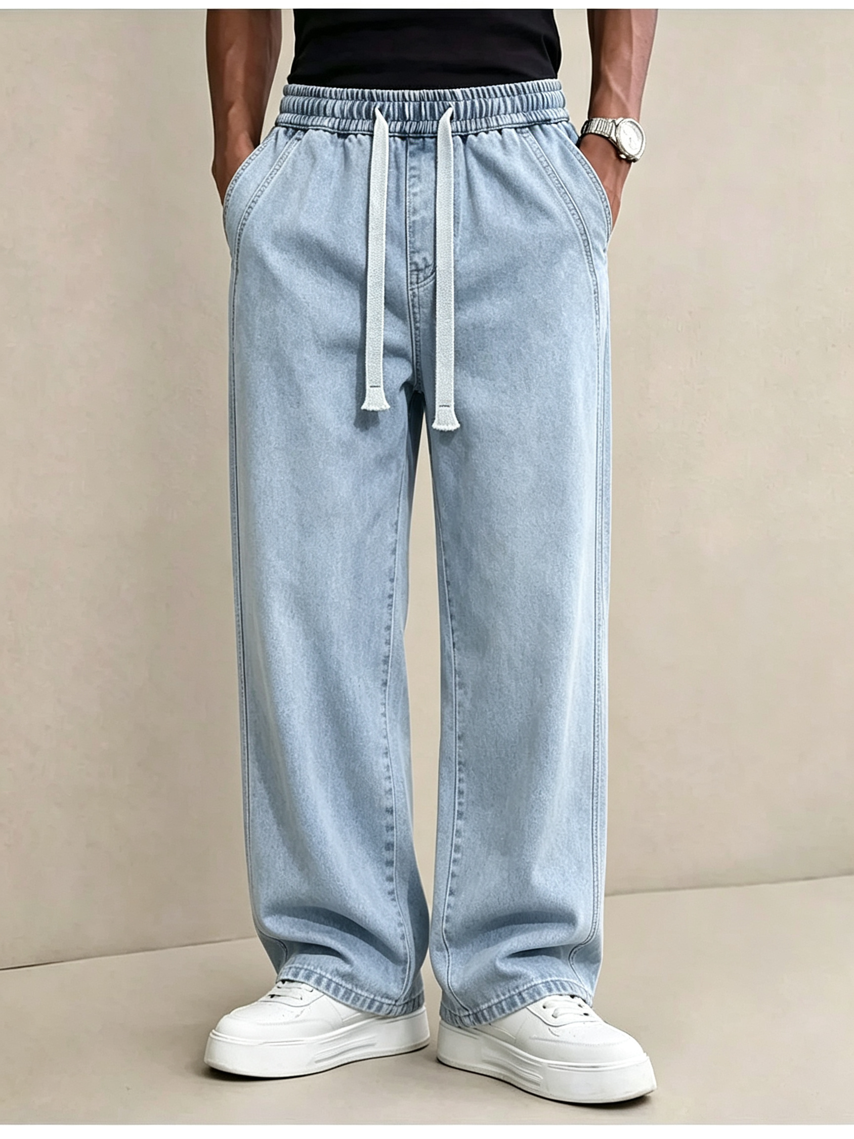 Men's Vintage Straight Leg Elastic Waist Jeans - Wrinkle-Free Pre-Washed Denim Pants for Mature Men