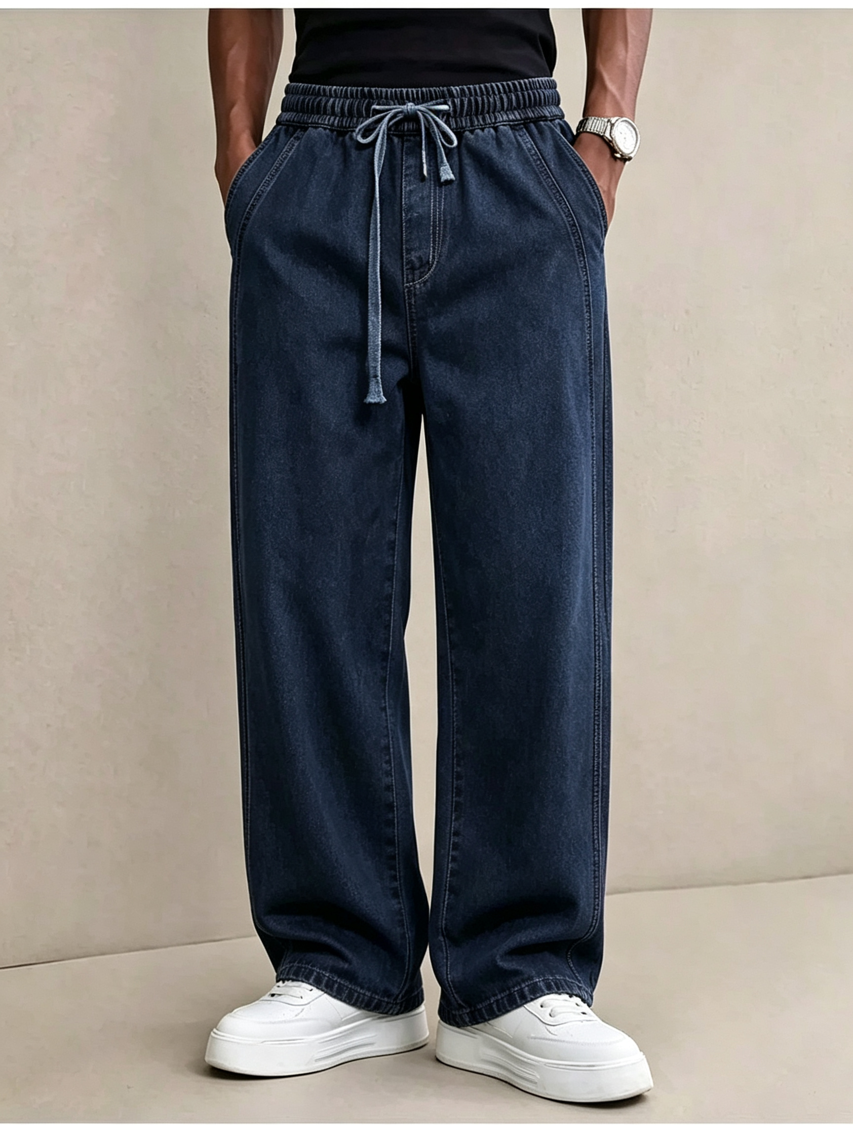 Men's Vintage Straight Leg Elastic Waist Jeans - Wrinkle-Free Pre-Washed Denim Pants for Mature Men