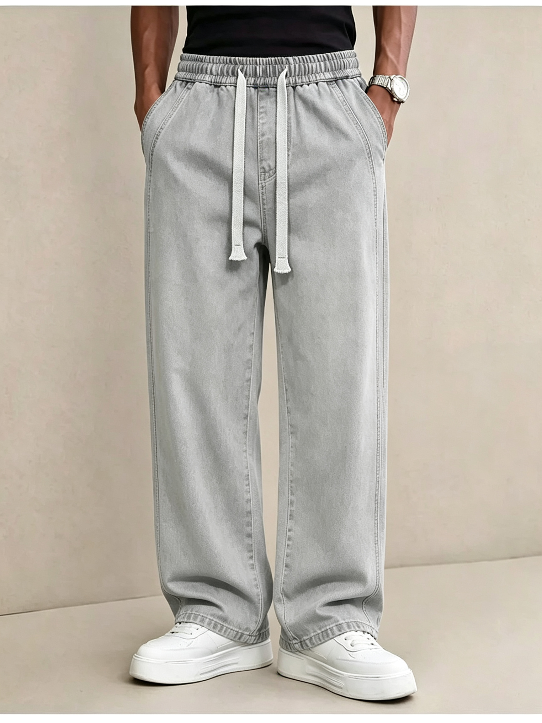 Men's Vintage Straight Leg Elastic Waist Jeans - Wrinkle-Free Pre-Washed Denim Pants for Mature Men