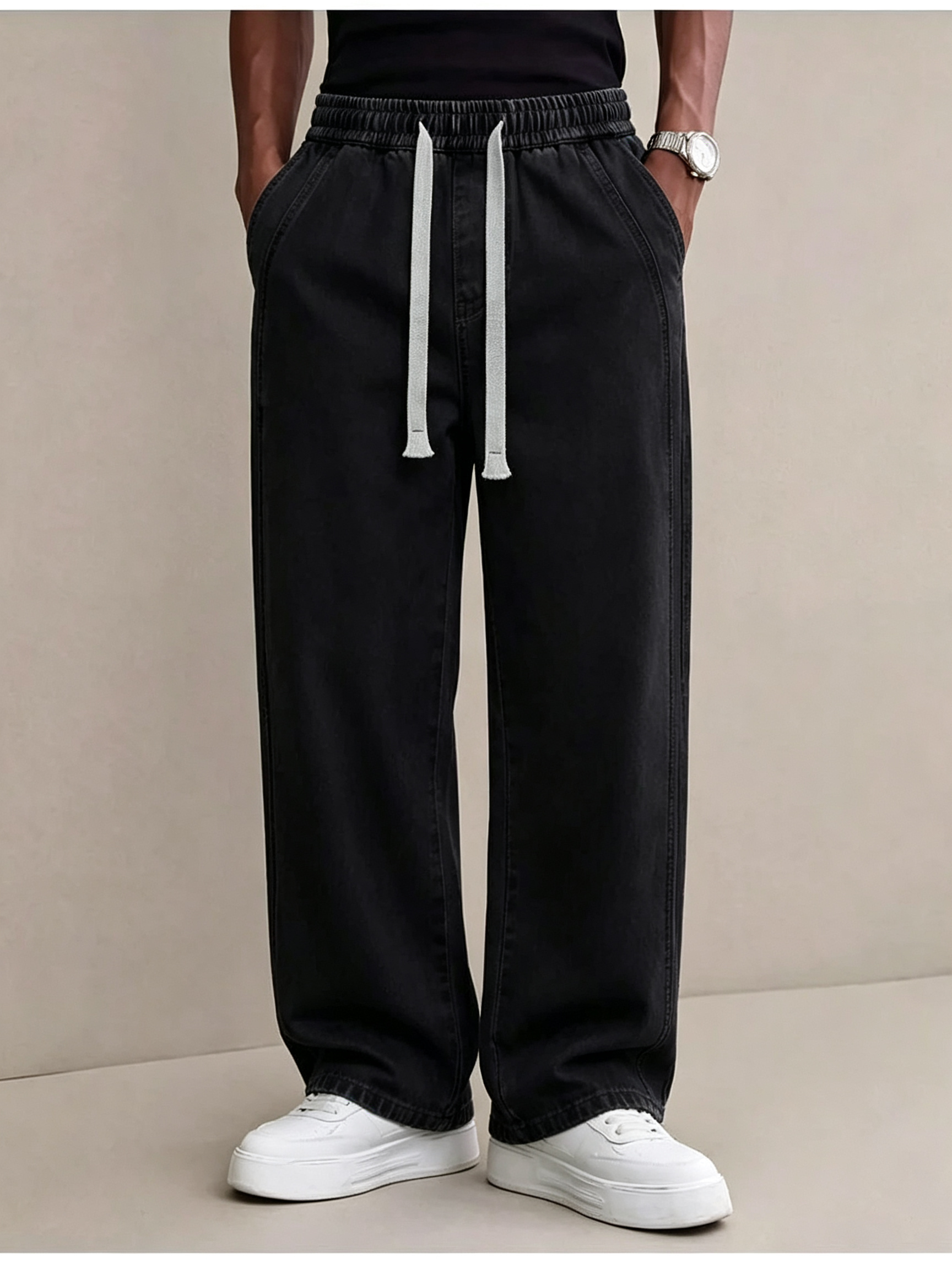 Men's Vintage Straight Leg Elastic Waist Jeans - Wrinkle-Free Pre-Washed Denim Pants for Mature Men