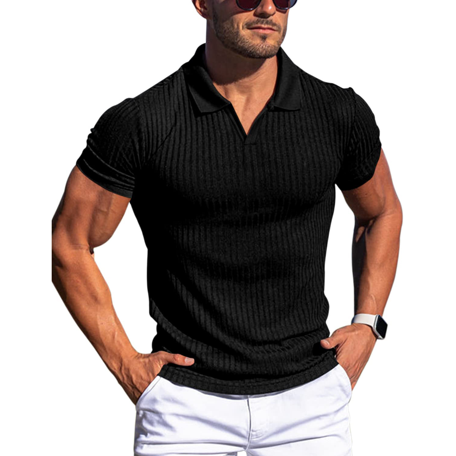 Men's Ribbed Slim Fit Polo Shirt - Short Sleeve V-Neck Casual Knit Top for Mature Men