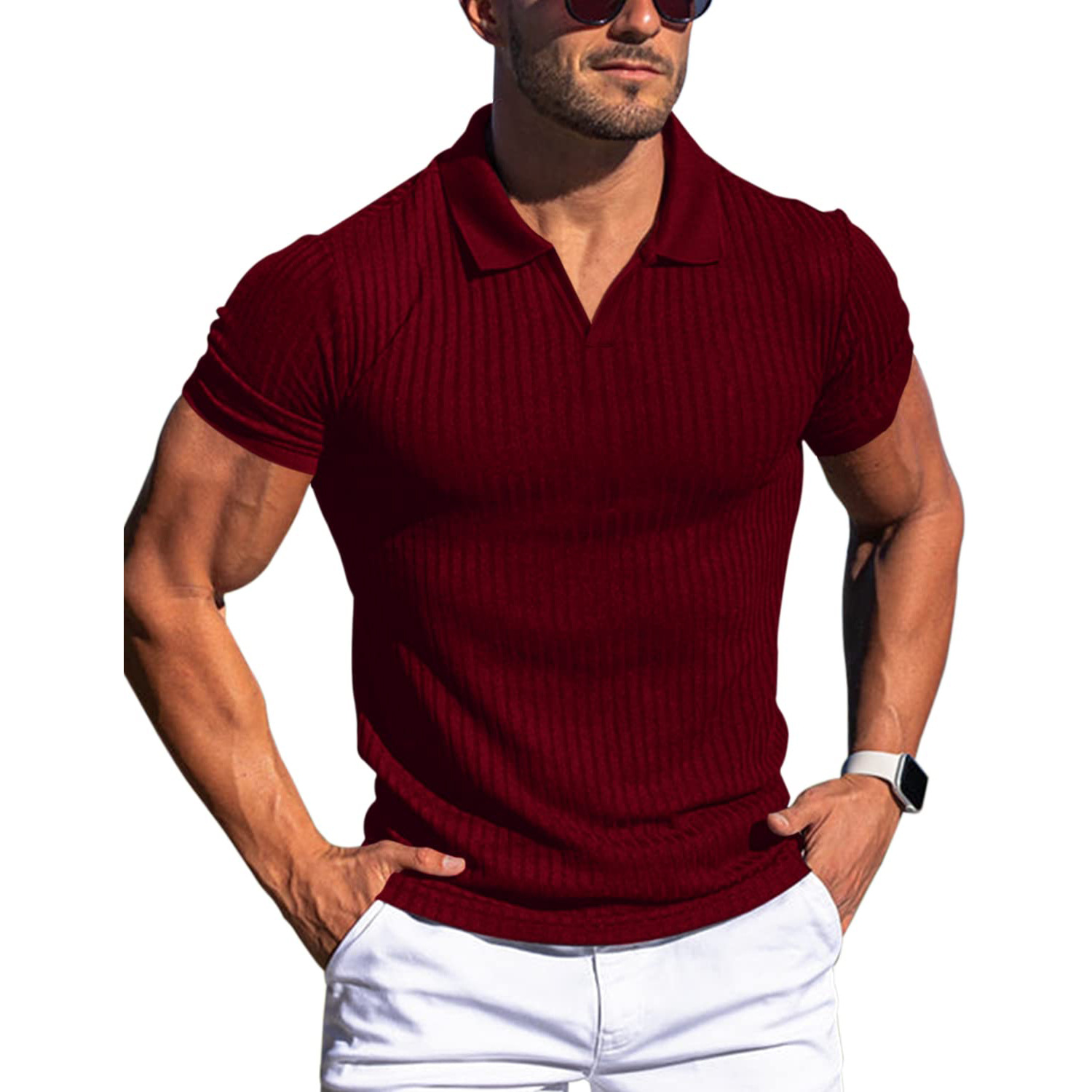 Men's Ribbed Slim Fit Polo Shirt - Short Sleeve V-Neck Casual Knit Top for Mature Men