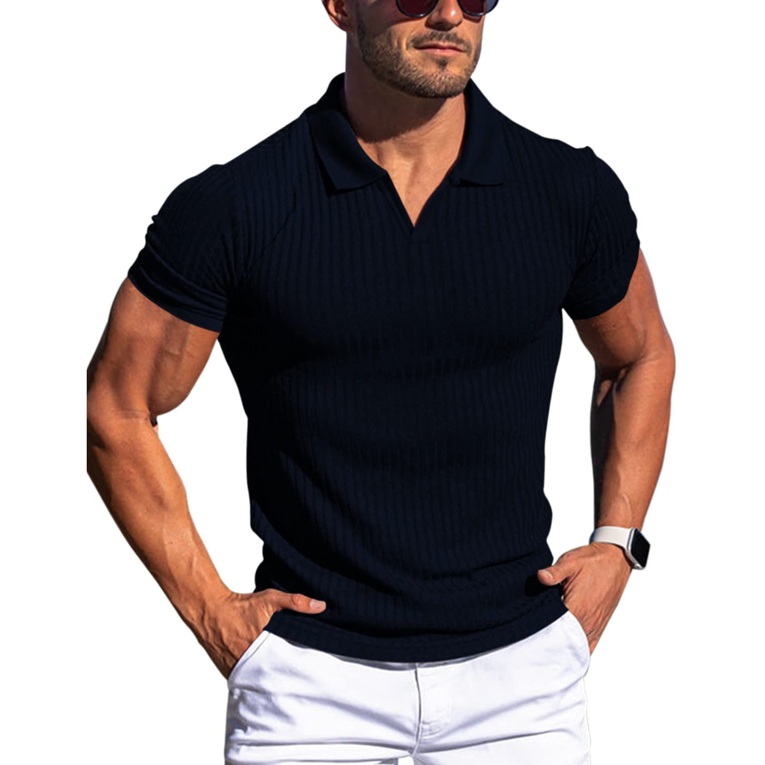Men's Ribbed Slim Fit Polo Shirt - Short Sleeve V-Neck Casual Knit Top for Mature Men