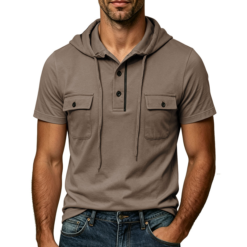 Men's Short Sleeve Hooded Polo Shirt - Casual Utility Henley Top with Chest Pockets for Mature Men