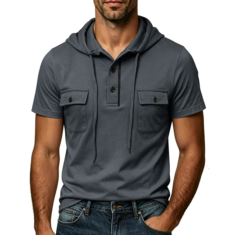 Men's Short Sleeve Hooded Polo Shirt - Casual Utility Henley Top with Chest Pockets for Mature Men