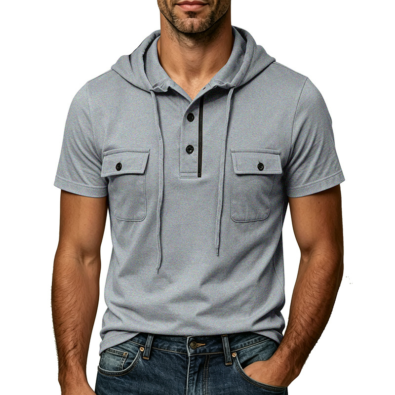 Men's Short Sleeve Hooded Polo Shirt - Casual Utility Henley Top with Chest Pockets for Mature Men