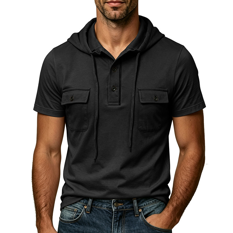 Men's Short Sleeve Hooded Polo Shirt - Casual Utility Henley Top with Chest Pockets for Mature Men