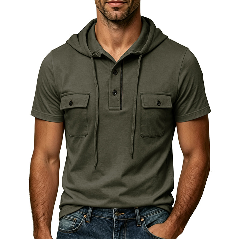 Men's Short Sleeve Hooded Polo Shirt - Casual Utility Henley Top with Chest Pockets for Mature Men