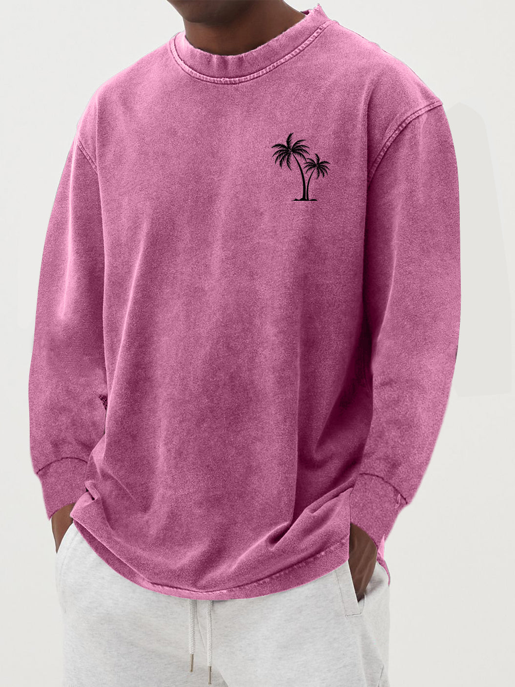 Men's Cotton Vintage Washed Distressed Palm Tree Long-sleeved T-shirt