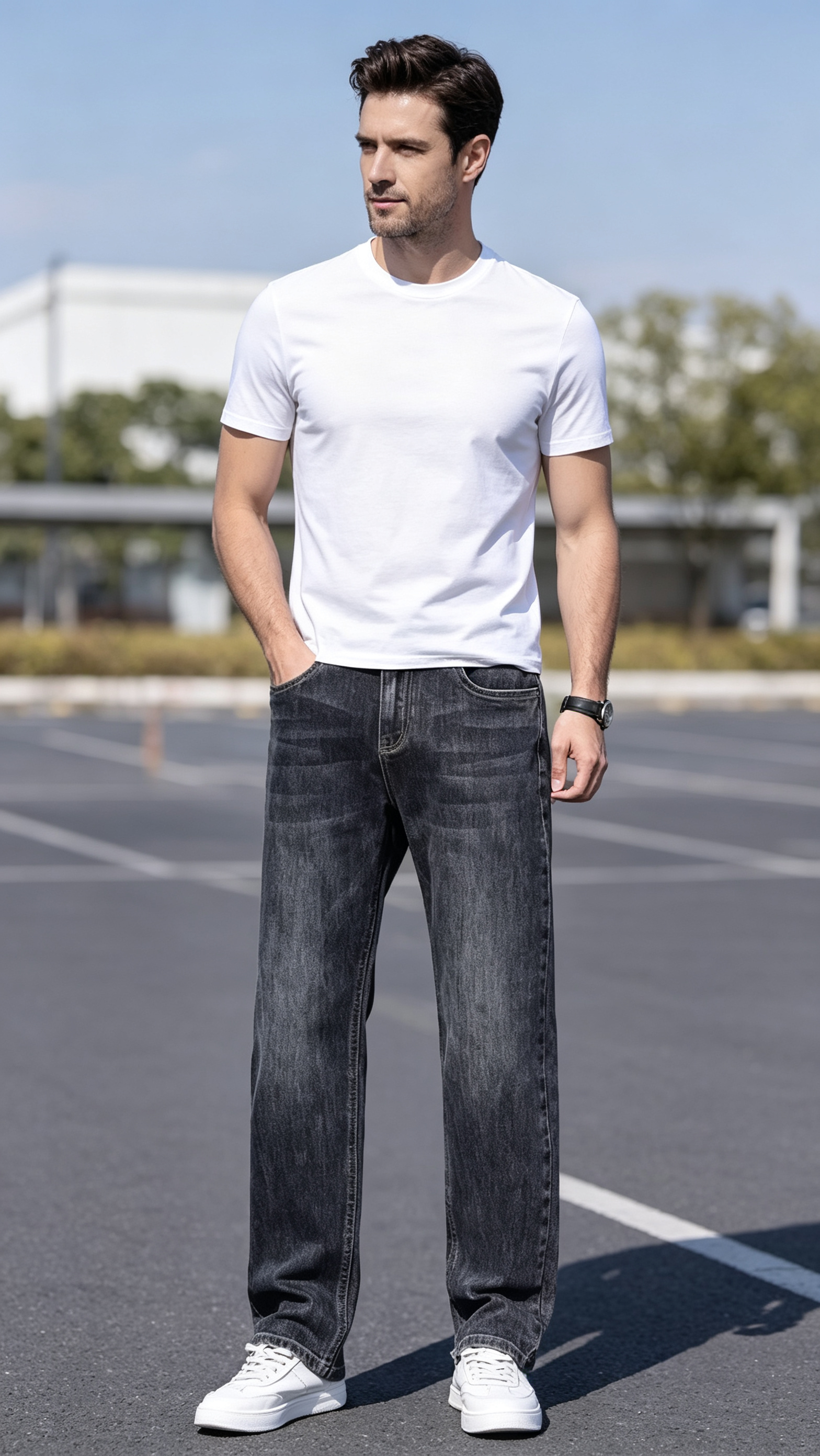 Men's Classic Straight Leg Jeans - Dark Wash Comfort Stretch Denim Pants for Mature Men