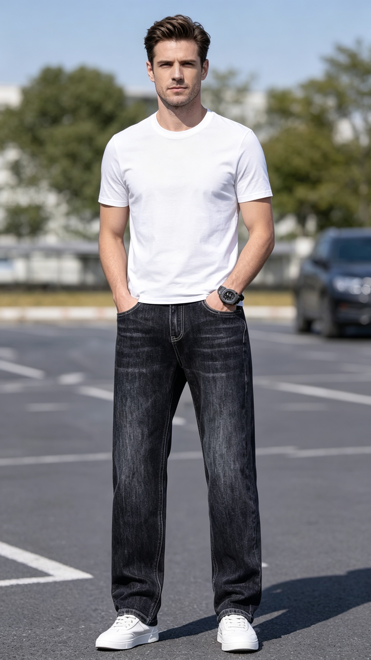 Men's Classic Straight Leg Jeans - Dark Wash Comfort Stretch Denim Pants for Mature Men