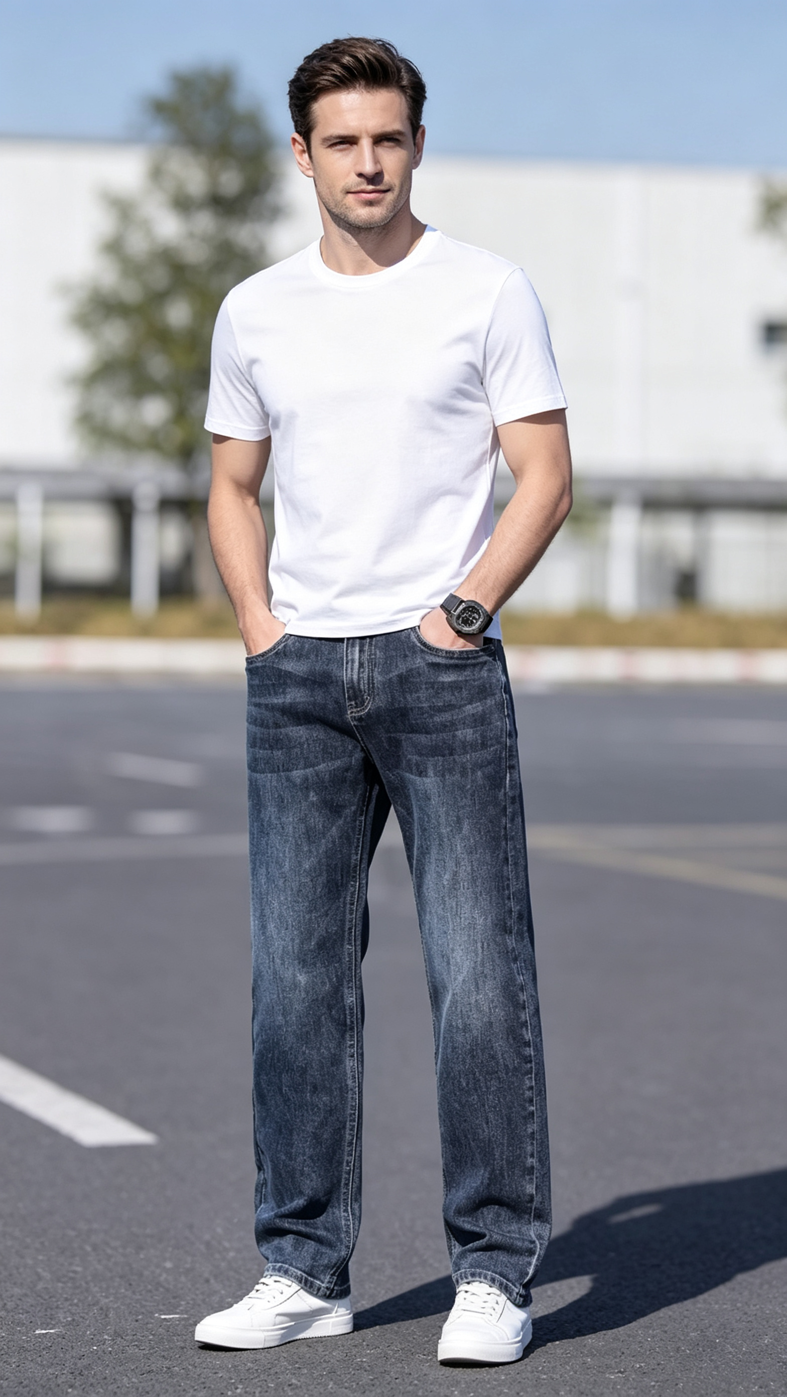 Men's Classic Straight Leg Jeans - Dark Wash Comfort Stretch Denim Pants for Mature Men
