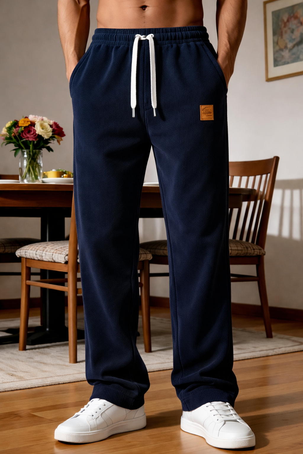 New men's corduroy drawstring regular fit trousers