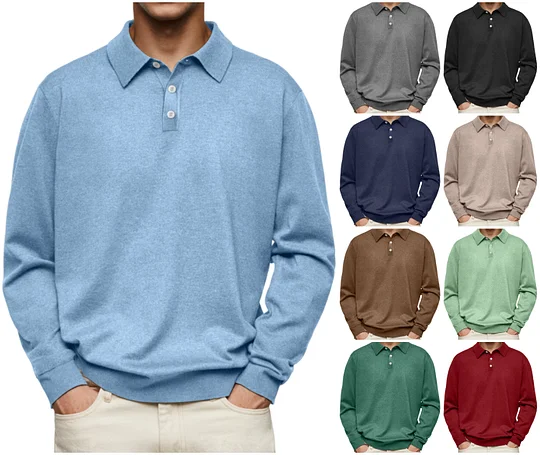 🔥 Men's Casual and Comfortable Solid Color Lapel Long Sleeve POLO Shirt
