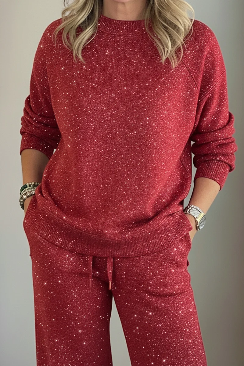🎄 New Arrivals🔥 Cozy Travel Crew Neck Shiny Sweatshirt and Pant 2 Piece Sets