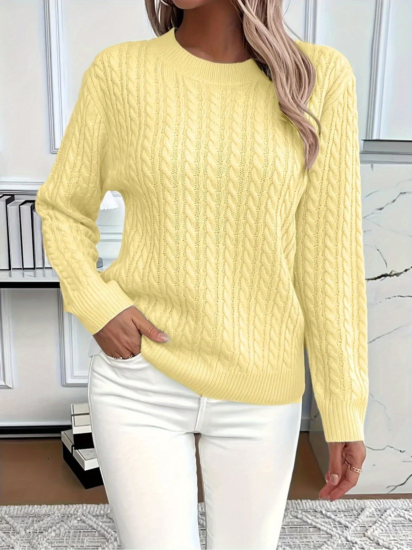 New women's versatile, stylish, classic cable knit crew neck sweater