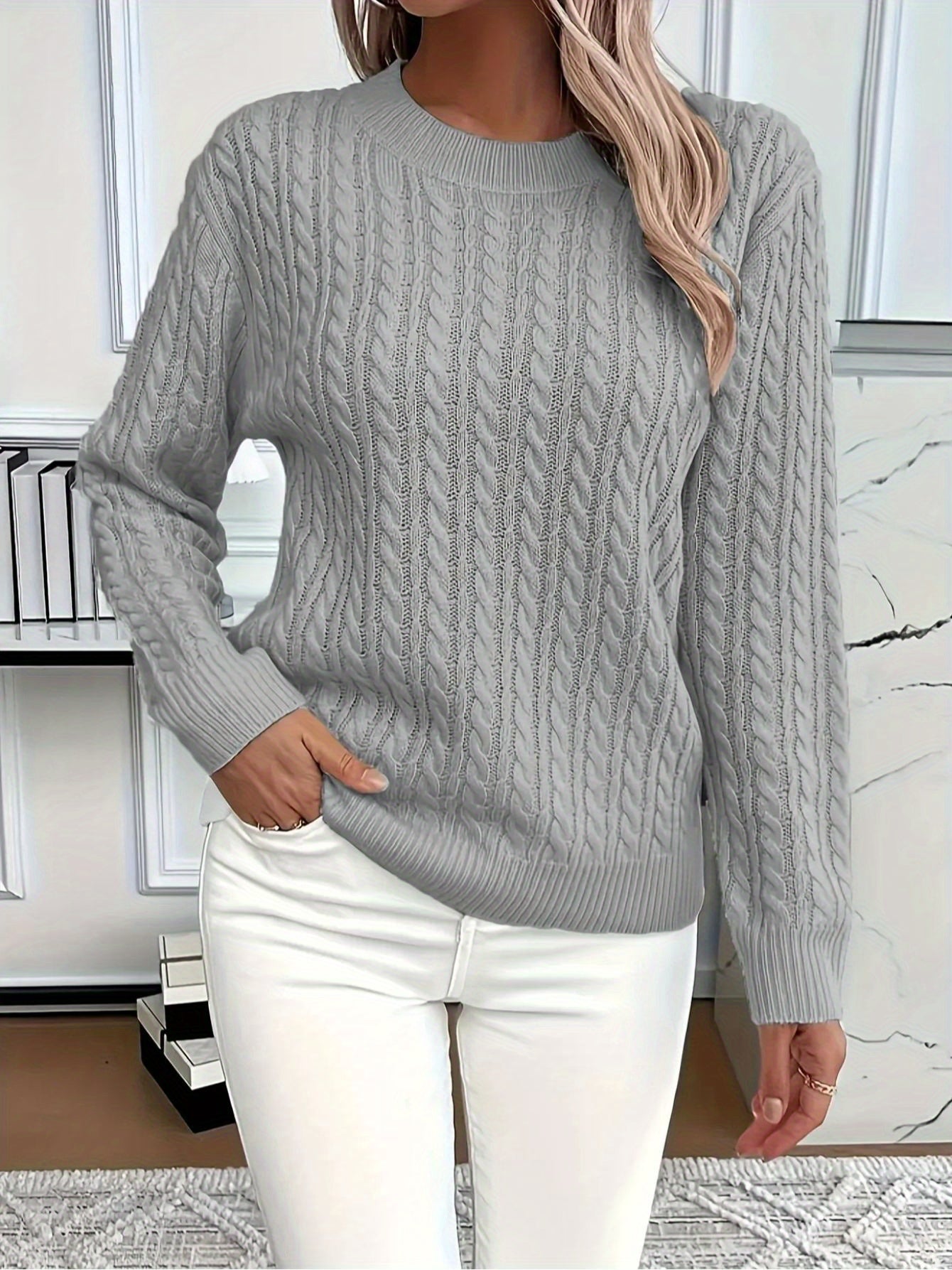 New women's versatile, stylish, classic cable knit crew neck sweater