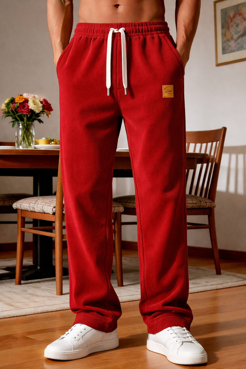 New men's corduroy drawstring regular fit trousers