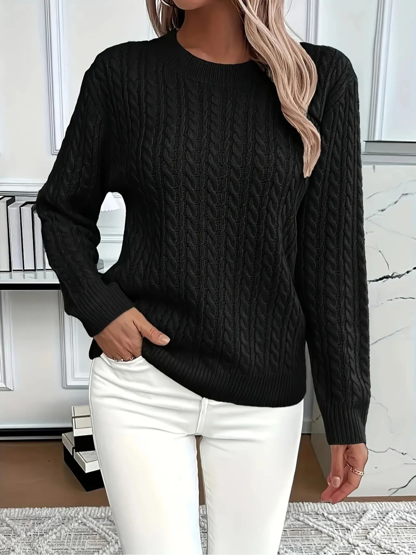 New women's versatile, stylish, classic cable knit crew neck sweater