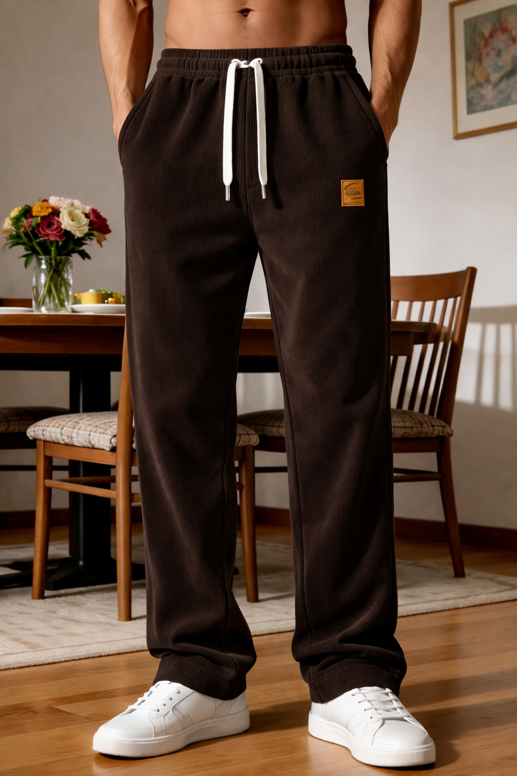 New men's corduroy drawstring regular fit trousers