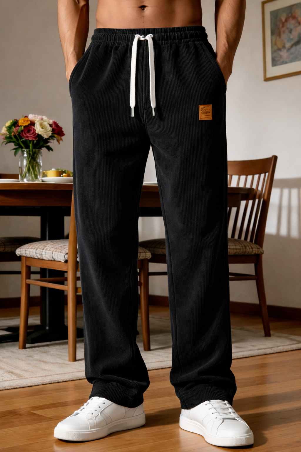 New men's corduroy drawstring regular fit trousers