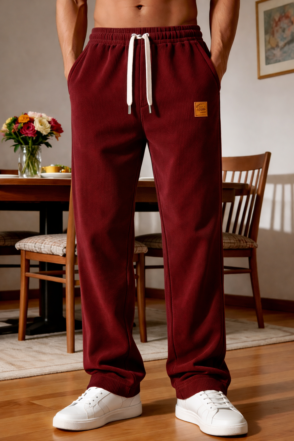 New men's corduroy drawstring regular fit trousers