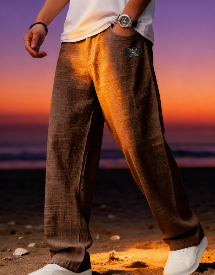 New men's casual cotton and linen drawstring loose pocket trousers