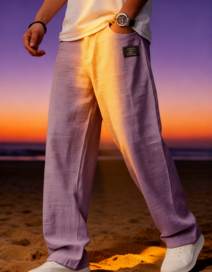 New men's casual cotton and linen drawstring loose pocket trousers