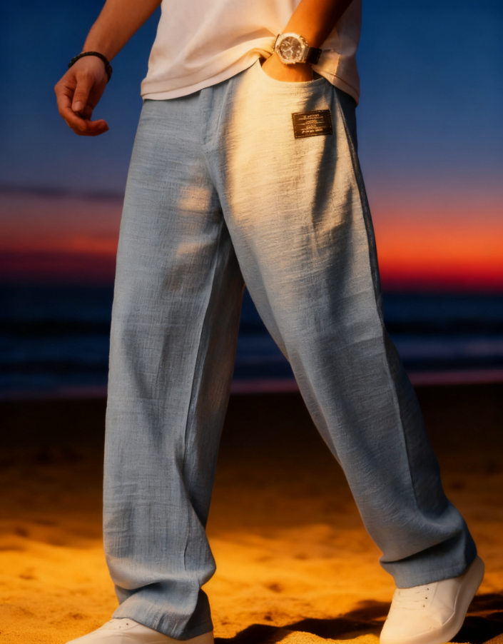 New men's casual cotton and linen drawstring loose pocket trousers