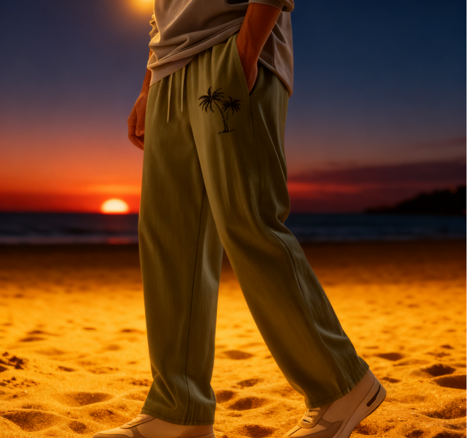 New Men's Casual Coconut Tree Print Linen Loose Pocket Pants