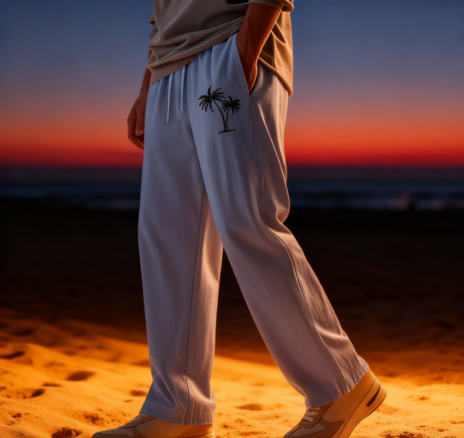New Men's Casual Coconut Tree Print Linen Loose Pocket Pants