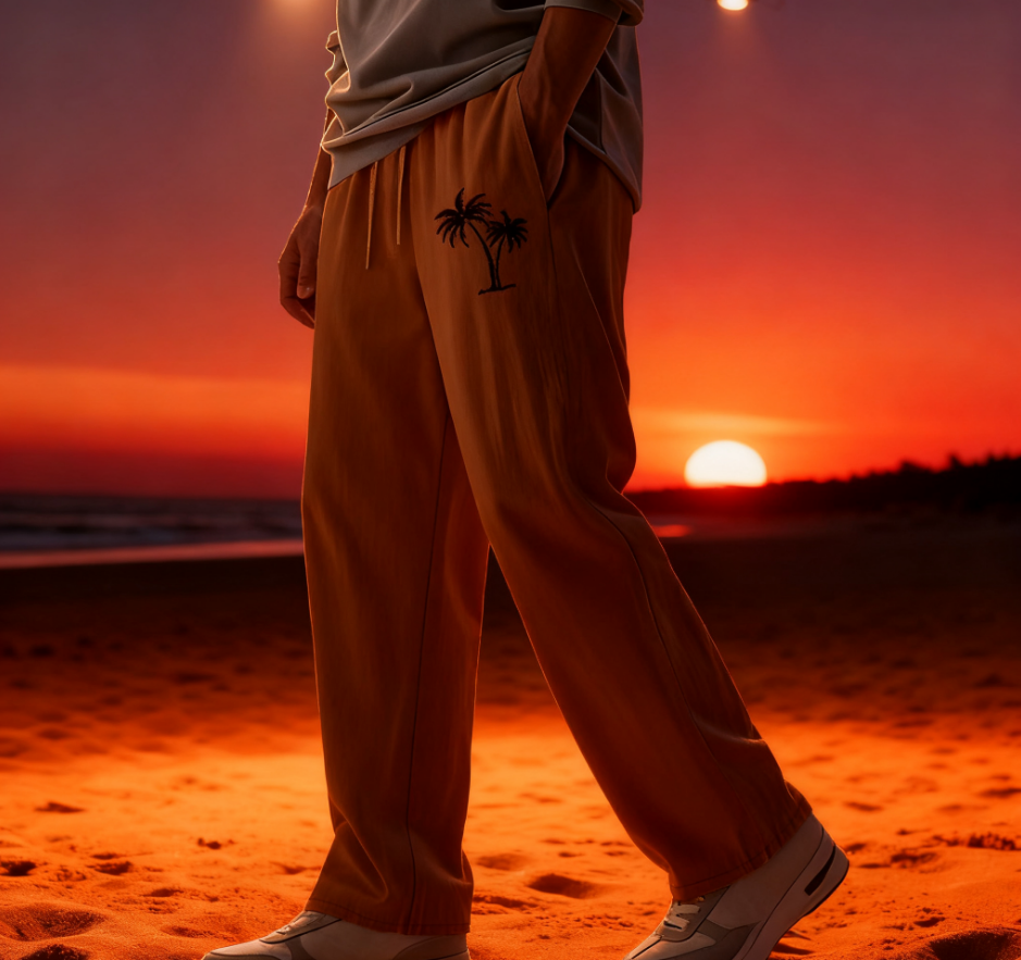 New Men's Casual Coconut Tree Print Linen Loose Pocket Pants
