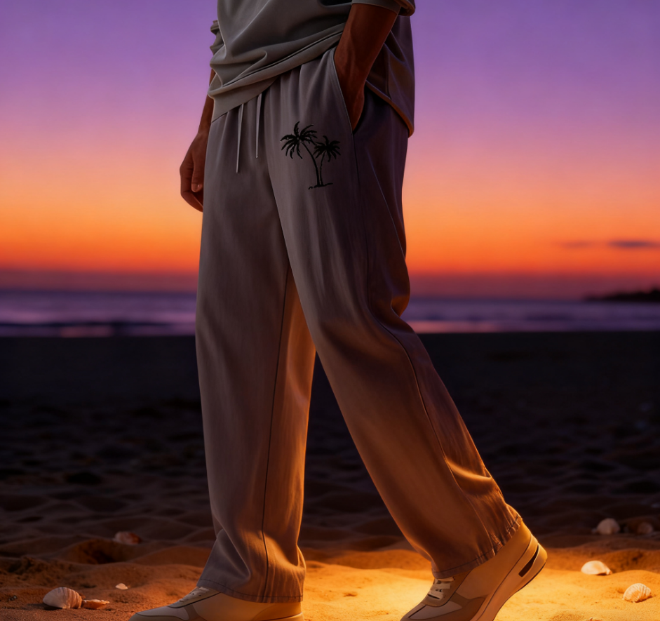 New Men's Casual Coconut Tree Print Linen Loose Pocket Pants